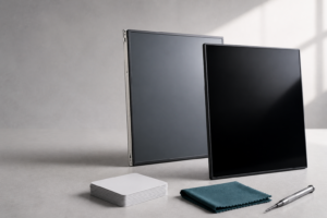 Two display panels side by side representing LCD and OLED choice in repair
