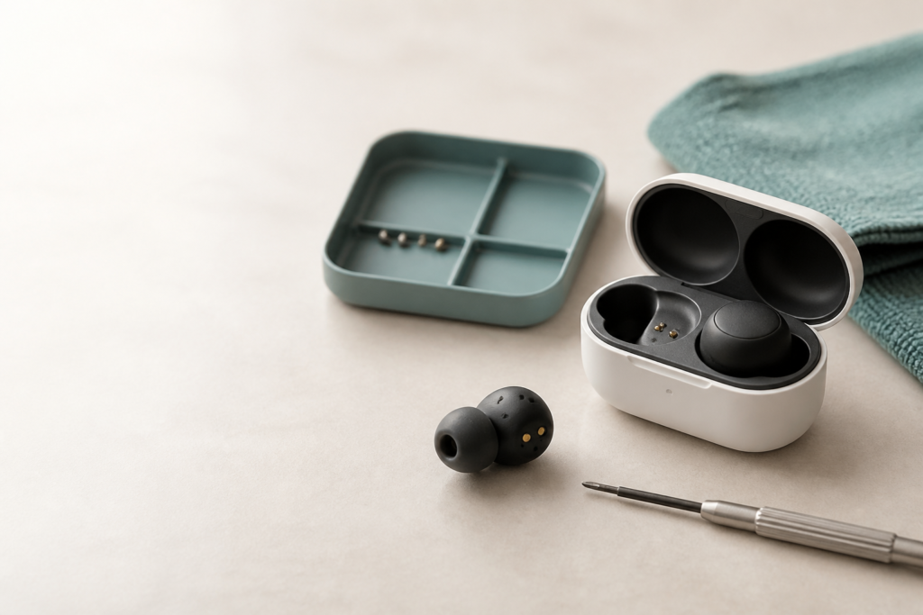 Unbranded wireless earbuds with opened charging case and precision tool