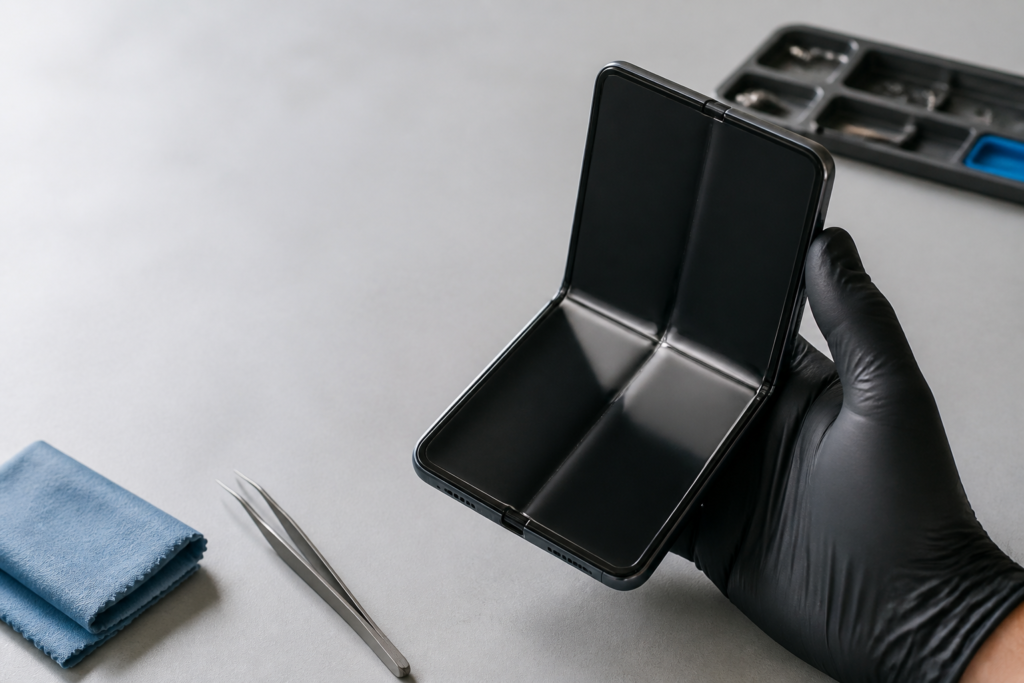 Partially opened unbranded folding phone showing flexible display crease
