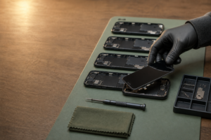 Technician refurbishing phones with display assemblies on a workbench